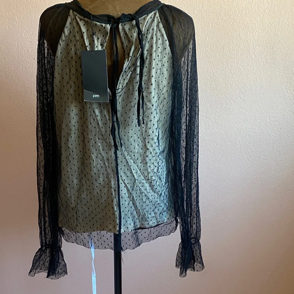 Zara Black and Gray Sheer Sleeve Blouse